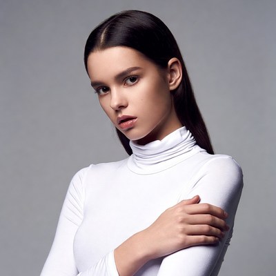 Woman in white turtleneck on gray background