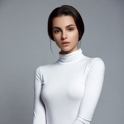 Woman in white turtleneck sweater