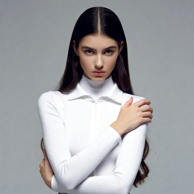 Woman with arms crossed in white turtleneck