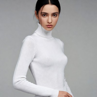 Woman in white turtleneck sweater