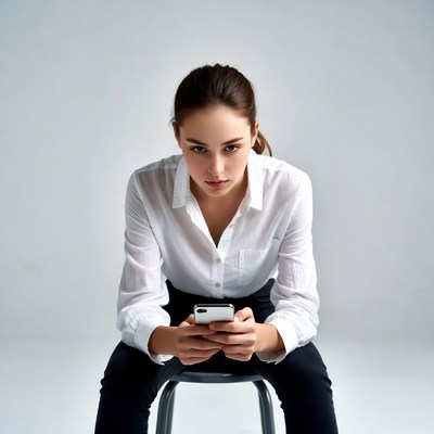 Woman using smartphone on stool