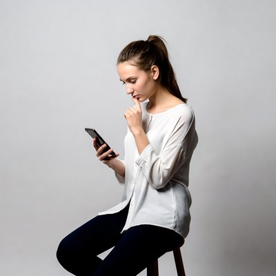 Woman thinking while using smartphone