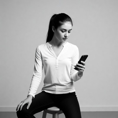 Woman using smartphone on stool