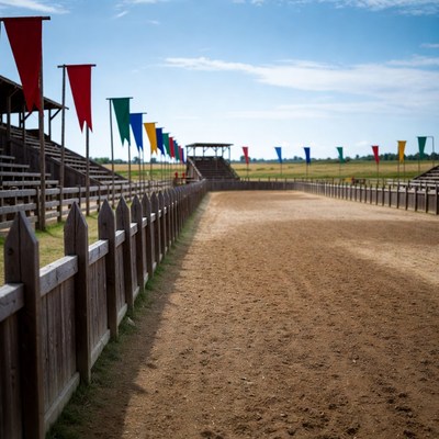Empty Wooden Horse Arena with Flags