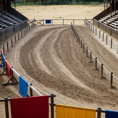 Empty Wooden Arena with Colored Flags