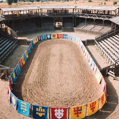 Medieval jousting arena with colorful shields