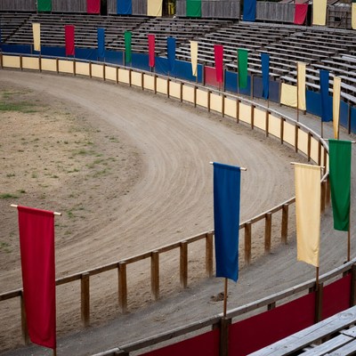 Empty Arena with Colorful Flags