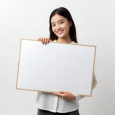 Asian woman holding blank whiteboard