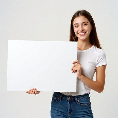 Smiling girl holding blank sign