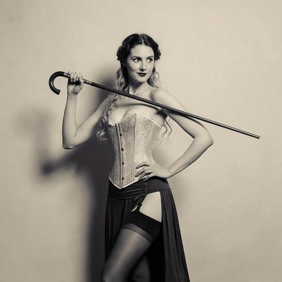 Woman in corset holding cane