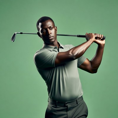 African-American man swinging golf club