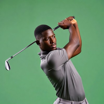 African-American man swinging golf club