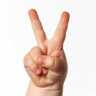 Baby hand making peace sign