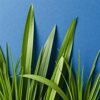 Green grass blades on blue background
