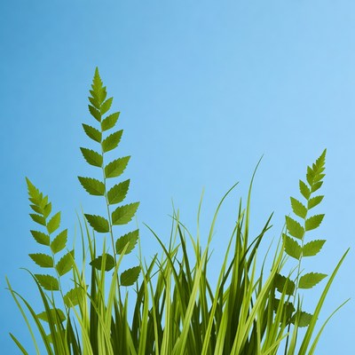 Green Ferns on Blue Background