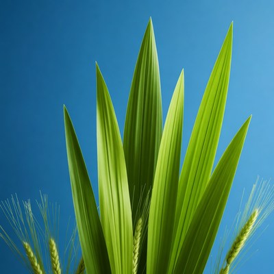 Green wheat stalks on blue background