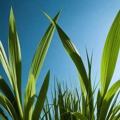 Green grass leaves against blue sky