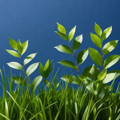 Green leaves and grass on blue background