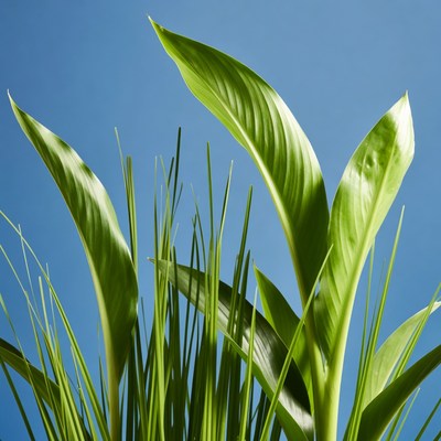 Green leaves against blue sky
