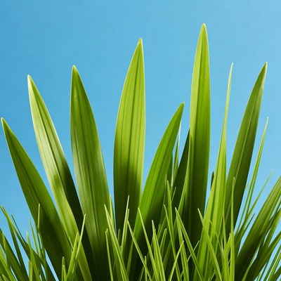 Fresh green grass blades against blue sky