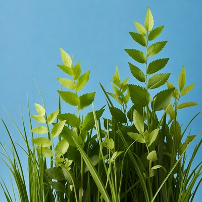 Green fern leaves on blue background
