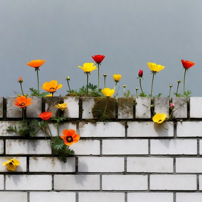 Colorful Poppies Growing on Brick Wall