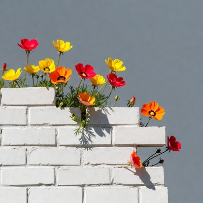 Colorful Cosmos Flowers Growing from White Brick Wall
