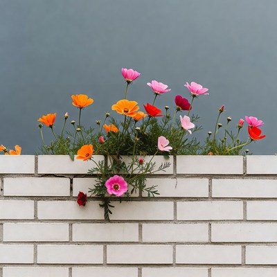 Colorful Flowers Growing Through White Brick Wall