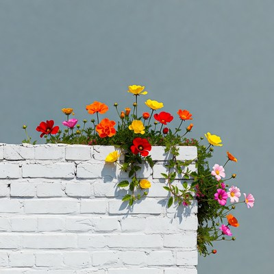 Colorful Flowers on White Brick Wall