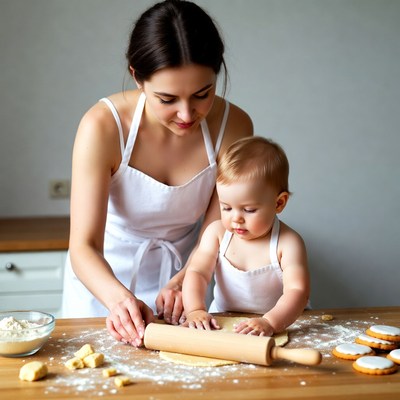 Mother and baby baking cookies