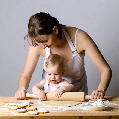 Mother and baby rolling dough