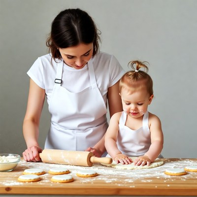 Mother and toddler rolling dough