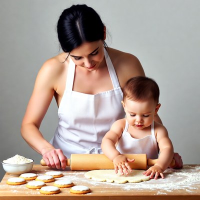 Mother and baby rolling dough