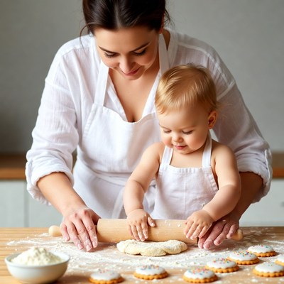 Mother and baby rolling dough