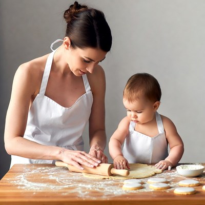 Mother and baby rolling dough together