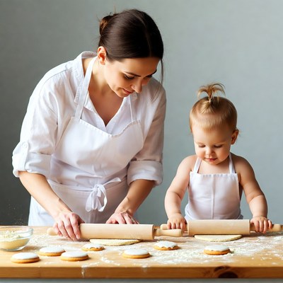 Mother and toddler rolling dough