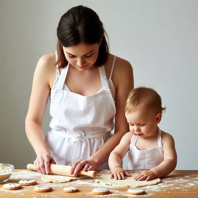 Mother and baby rolling dough together