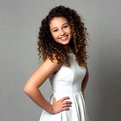 Smiling girl with curly hair in white dress