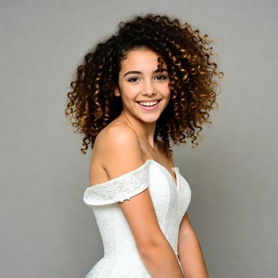 Smiling girl in white lace wedding dress