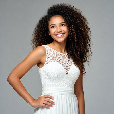 Smiling biracial girl in white lace dress
