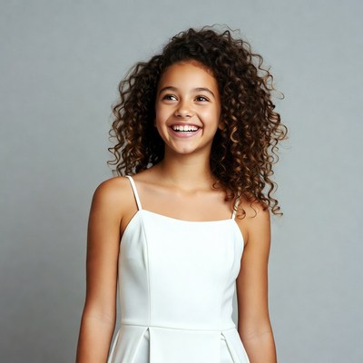 Smiling girl with curly hair in white dress