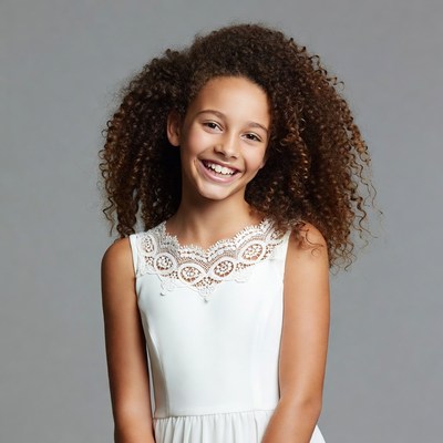 Smiling biracial girl in white lace dress