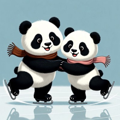 Cute pandas ice skating together