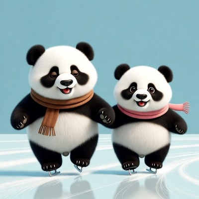Two cute pandas ice skating