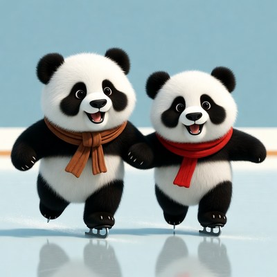 Two cute pandas ice skating