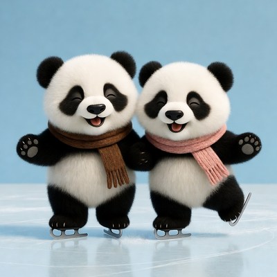 Two cute pandas ice skating