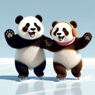 Two Pandas Ice Skating