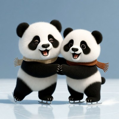 Two cute pandas ice skating