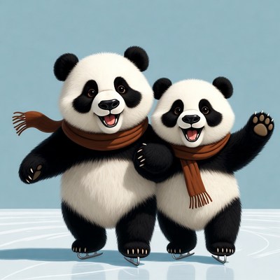 Two cute pandas ice skating