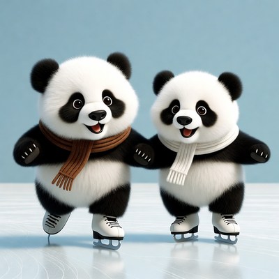 Two cute pandas ice skating